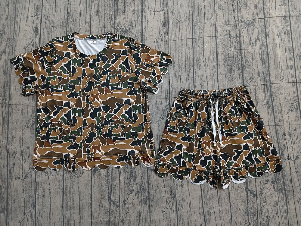 GSD3234 Preorder Brown Camo Top Pockets Shorts Woman Summer Scallop Clothes Set