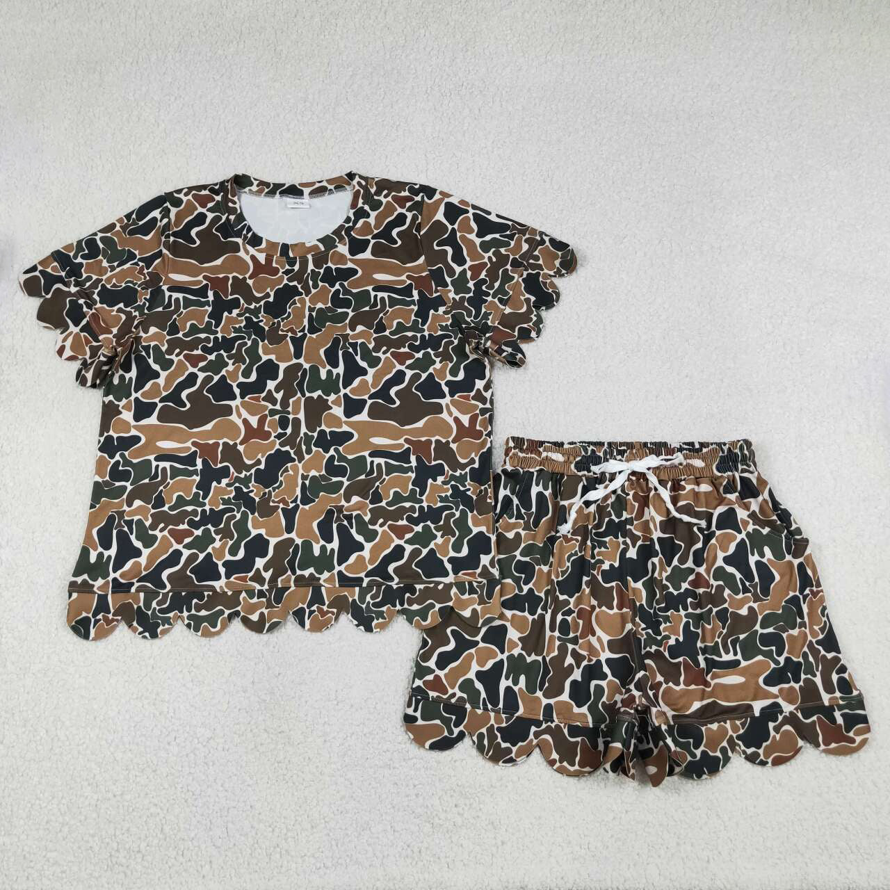 GSSO3234 Brown Camo Print Woman Summer Scallop Clothes Set