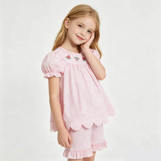 Embroidery Watermelon Pink Striped Scallop Top Ruffle Shorts Baby Girls Outfits