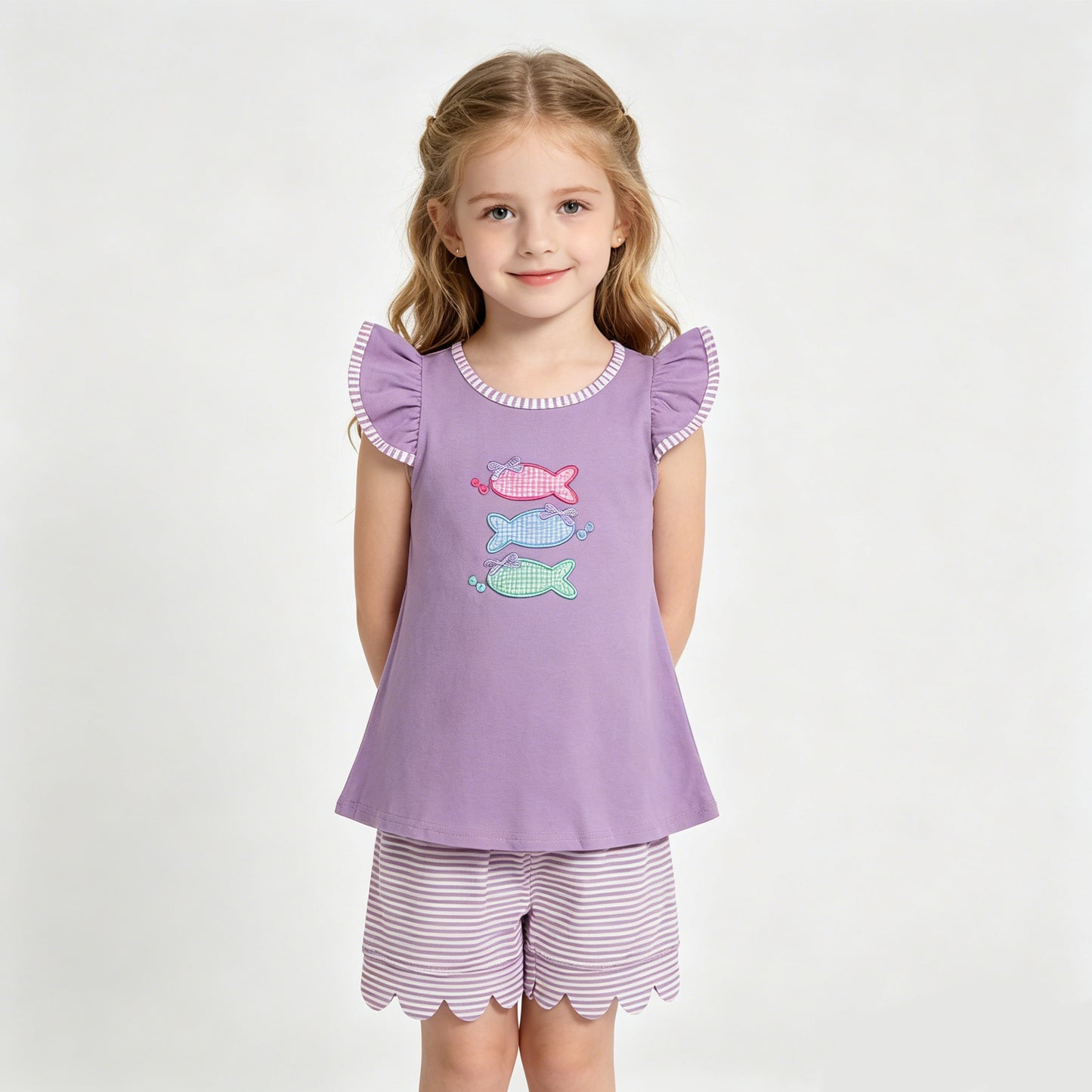 Kids Gingham Fish Embroidery Set - Summer Striped Outfit Sibling