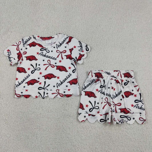 GSSO3254 Teams Arkansas Star & Bow Print Scallop Shorts Girls Summer Clothes Set