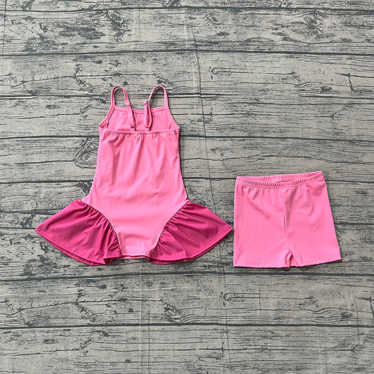 GSSO3259 Baby Girls Hot Pink Strap Dress Top Shorts Yoga Active Clothes Set Preorder