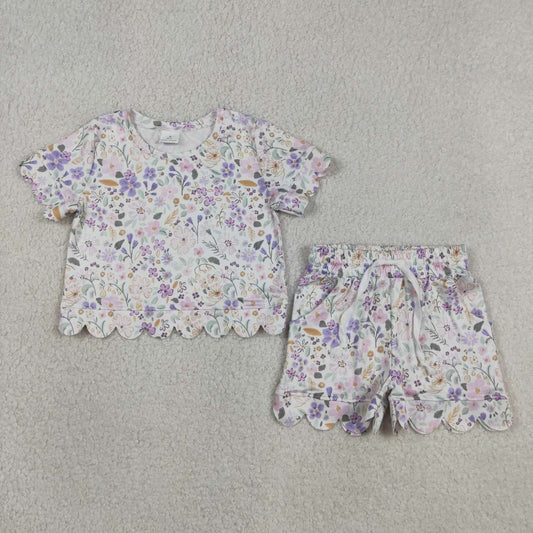 GSSO3267 Purple Flowers Print Girls Scallop Summer Shorts Set