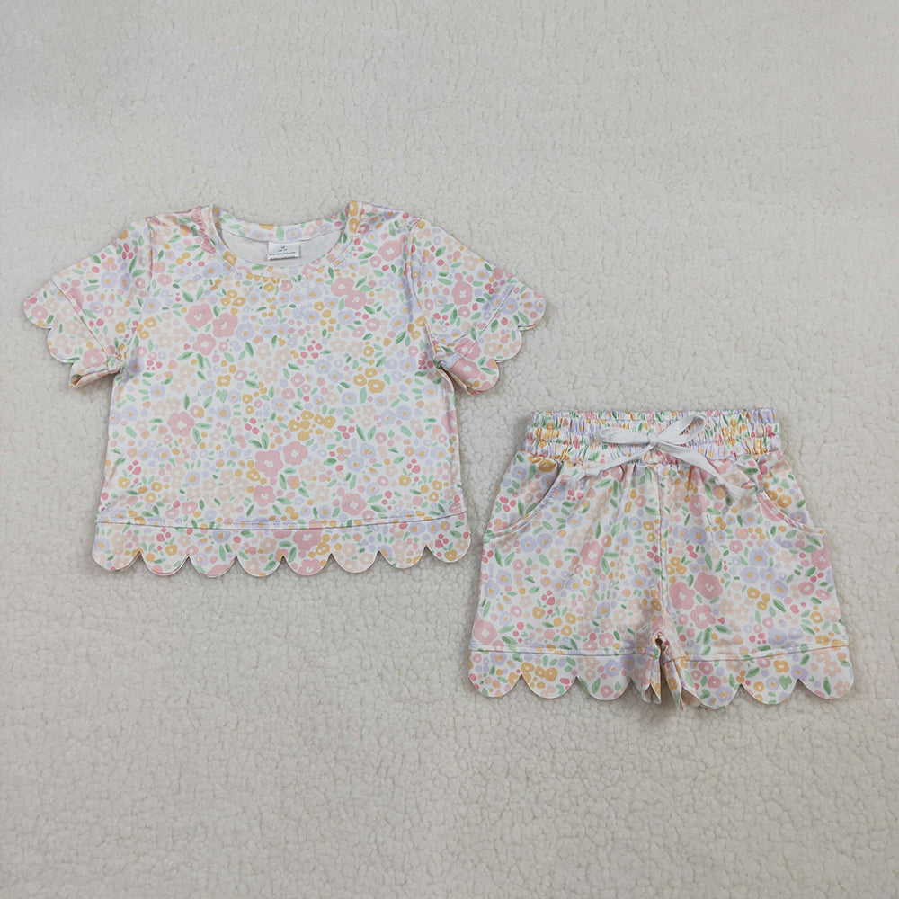 GSSO3273 Colorful Flowers Print Pockets Shorts Girls Summer Scallop Clothes Set