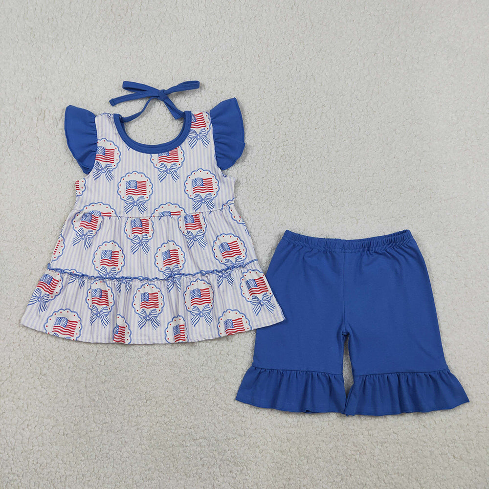 GSSO3296 Flag & Bow Blue Stripe Flutter Sleeve Girls Short Set