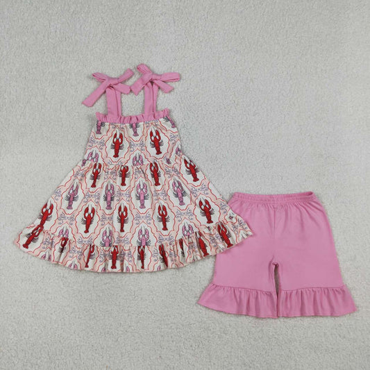 GSSO3299 Crayfish Strap Tunic Top Pink Shorts Girls Summer Clothes Set