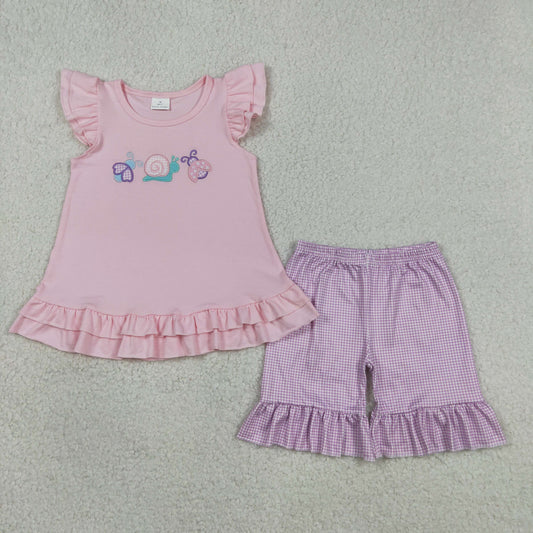 Sibling Baby Kids Embroidery Snails Ladybirds Top Shorts Clothes Set Ruffle Rompers