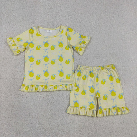 Sibling Baby Girls Short Sleeve Bows Strawberry Lemons Top Ruffle Shorts Pajamas Sets