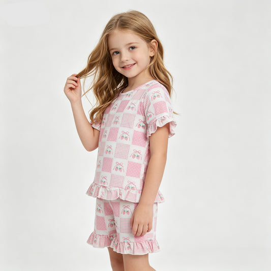 GSSO3342 Pink Bows Strawberry Top Ruffle Shorts Baby Girls Summer Clothes Set