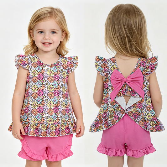 Colorful Flowers Flutter Sleeve Baby Girls Outfits & Romper Sisters Summer Matching Wear