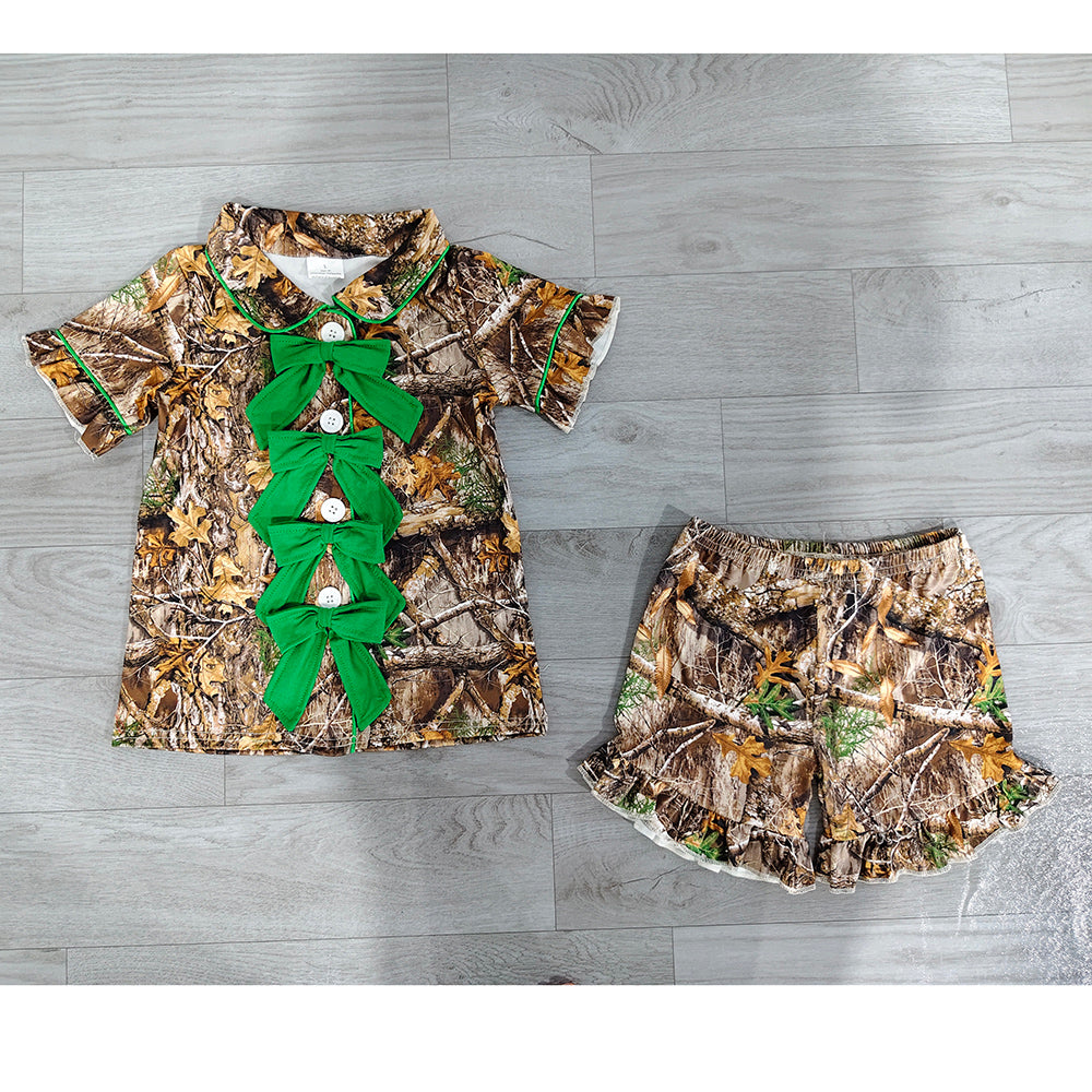 7.2 Preorder Girls Green Camo Bow Short Sleeve With Shorts Pajama Set