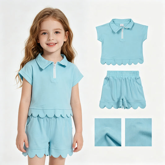 5 Colors Zipper Top Pockets Shorts Girls Summer Scallop Cotton Clothes Set Sisters Wear