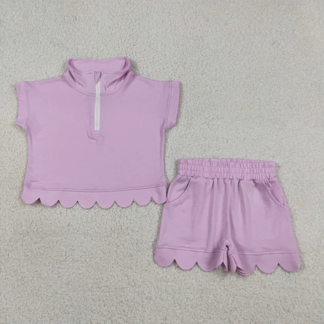 Sibling Baby Girls Short Sleeve Zip Pullovers Top Pockets Short Scallop Clothes Sets