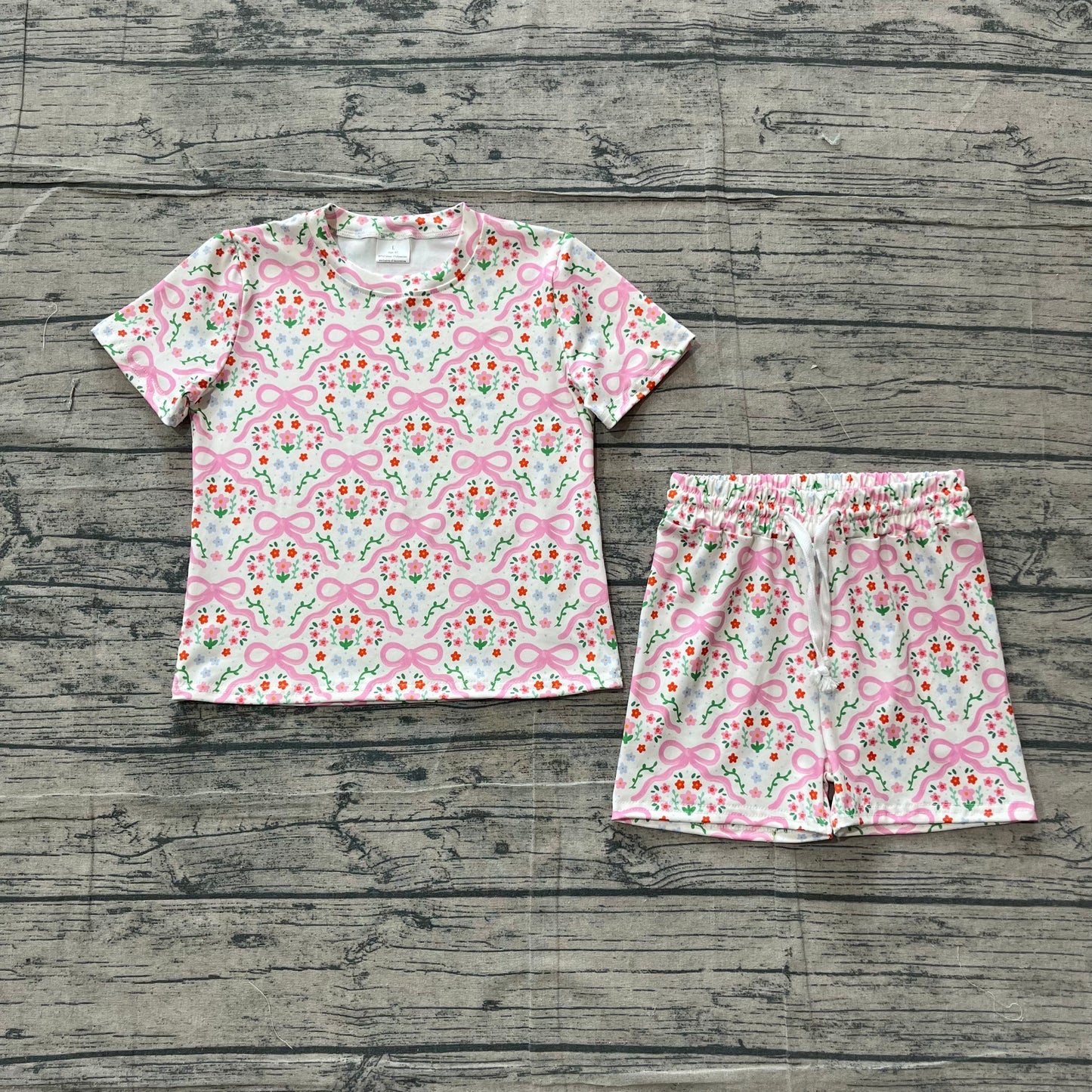 GSSO3379 Preorder Small Flowers Bows Print Shorts Girls Summer Clothes Set
