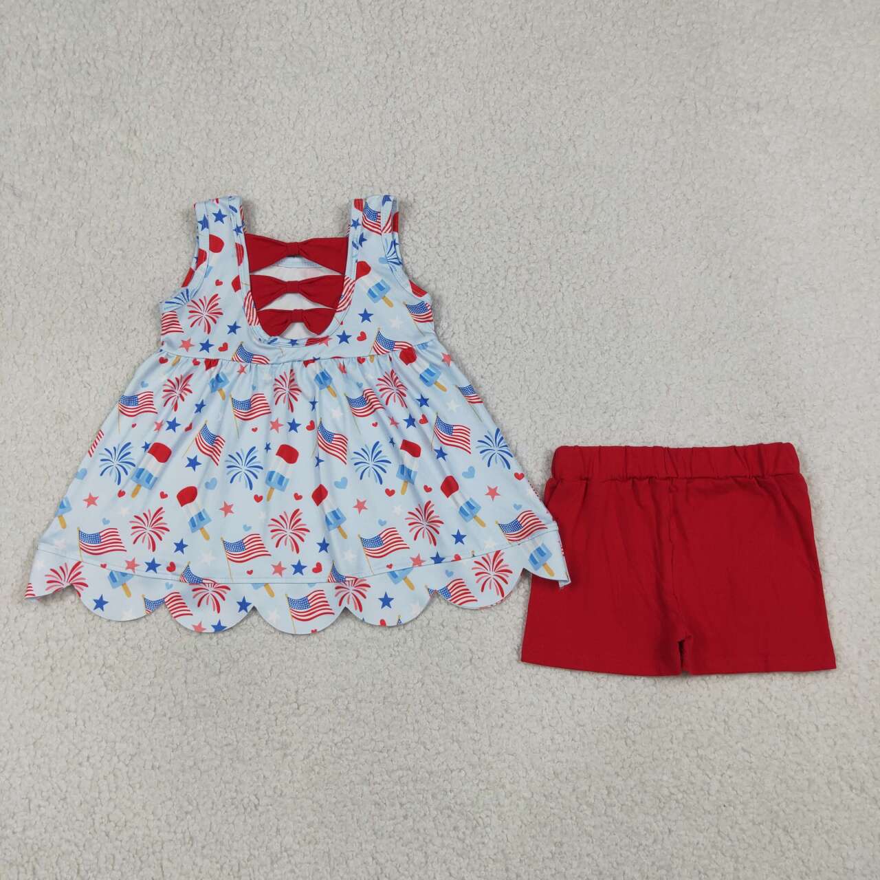 GSSO3386 Popsicle Flags Tunic Sleeveless Scallop Top Red Shorts Baby Girls 4th of July Clothes Set