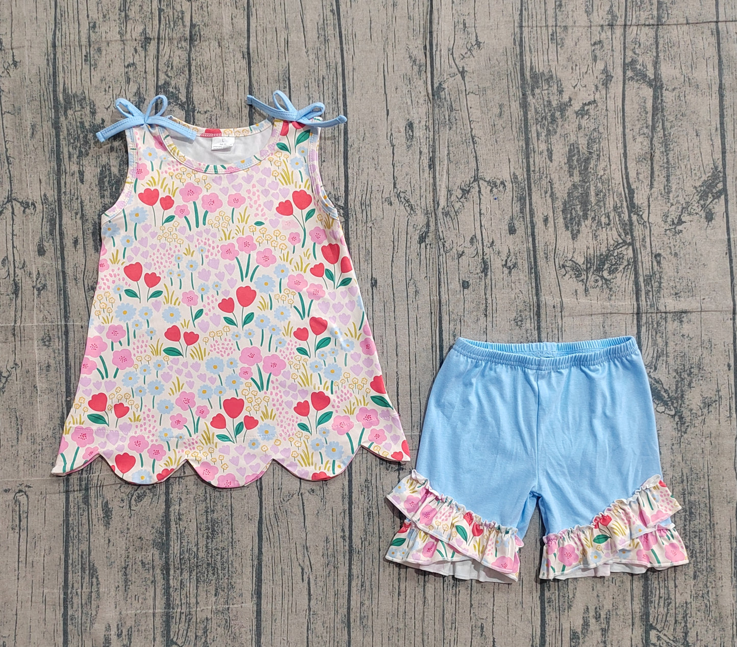 (In Production) Baby Girls Sleeveless Colorful Flowers Tunic Ruffle Shorts Set