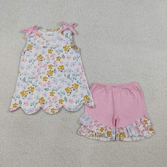 Sibling Baby Girls Floral Sleeveless Scalloped Top with Ruffle Shorts Outfit