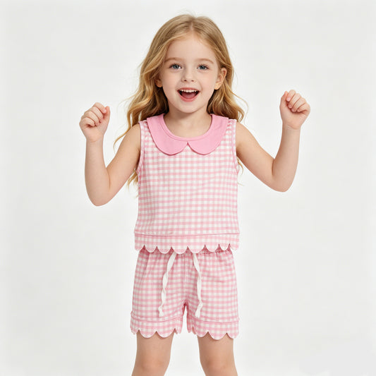 Pink Plaid Doll Collar Sleeveless Top Shorts Girls Summer Scallop Clothes Set
