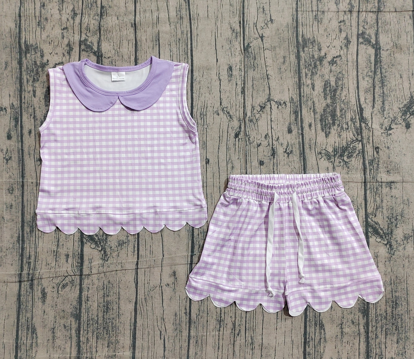 GSSO3396 Purple Plaid Doll Collar Sleeveless Top Shorts Girls Summer Scallop Clothes Set