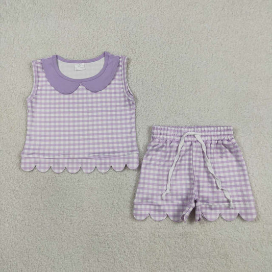 GSSO3396 Purple Plaid Doll Collar Sleeveless Top Shorts Girls Summer Scallop Clothes Set
