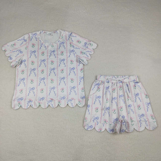 GSSO3233 Women’s Flower Blue Bow Scallop Short Sleeve Top & Shorts Set