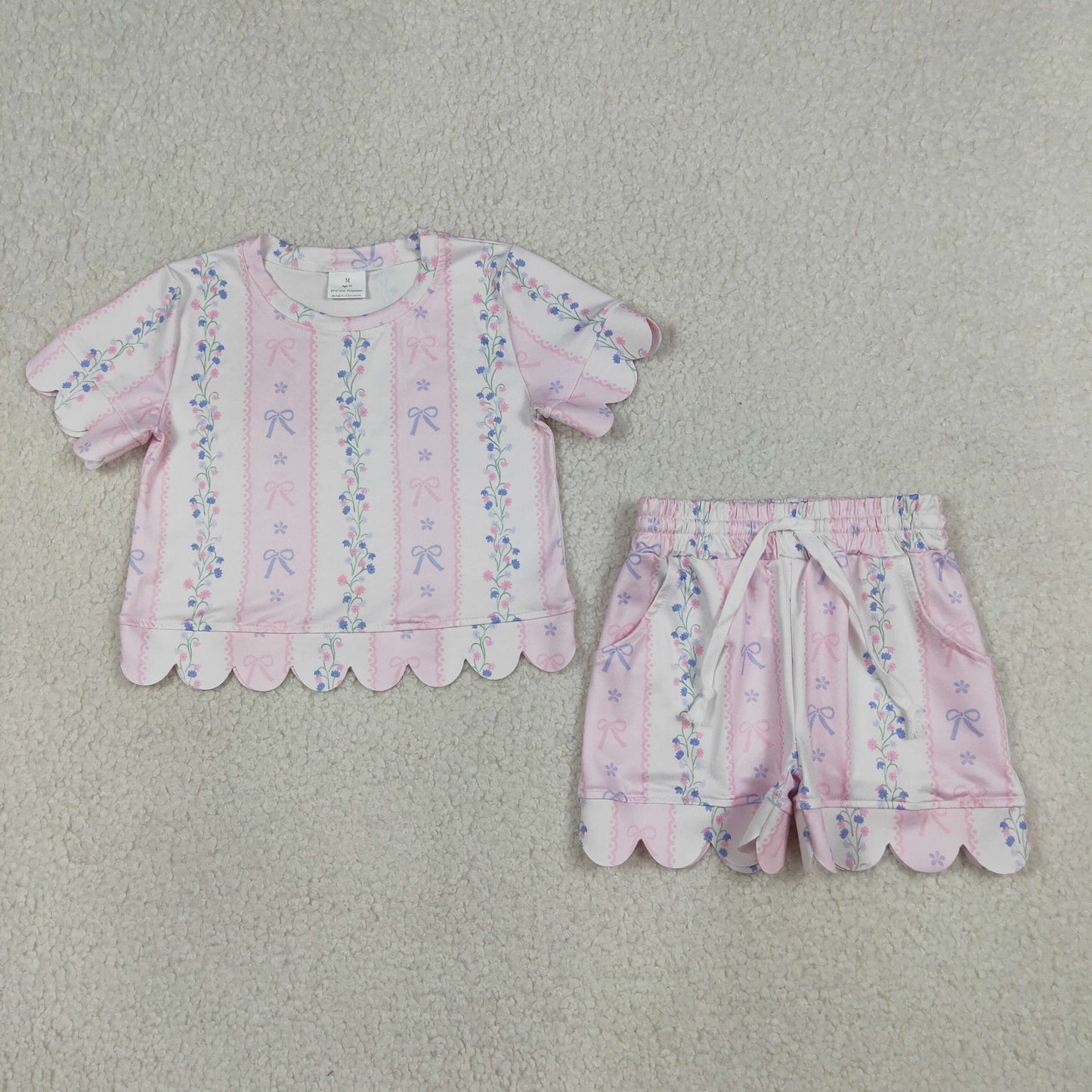 Girls Pink Blue Bow Floral Short Sleeve Top With Shorts Scalloped Sets