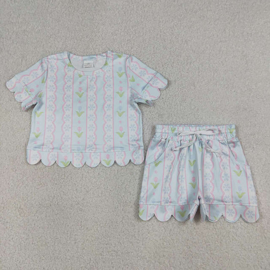 GSSO3412 Flowers Stripes Blue Scallop Shorts Set - Girls’