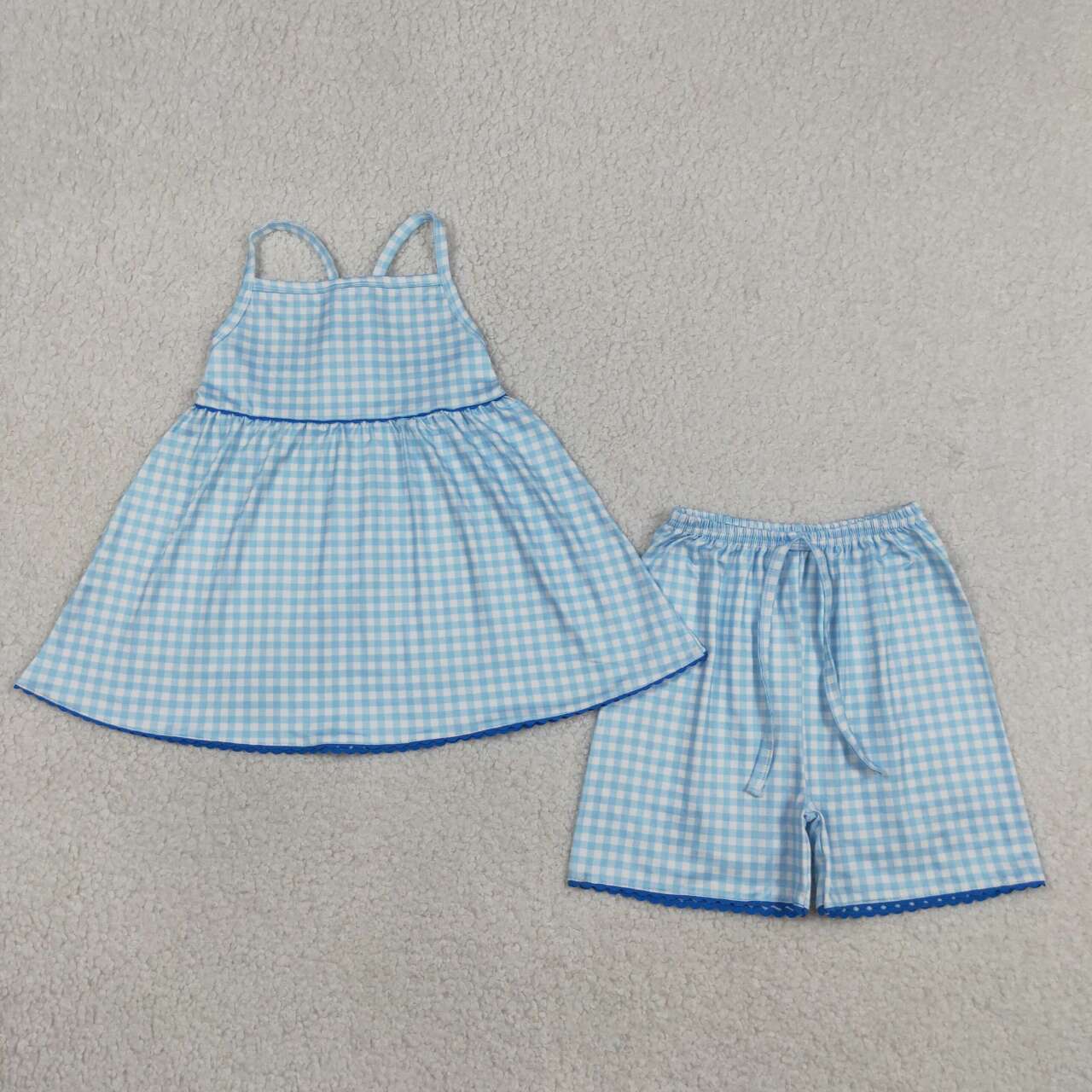 GSSO3418 Blue Plaid Strap Tunic Top Shorts Girls Summer Clothes Set