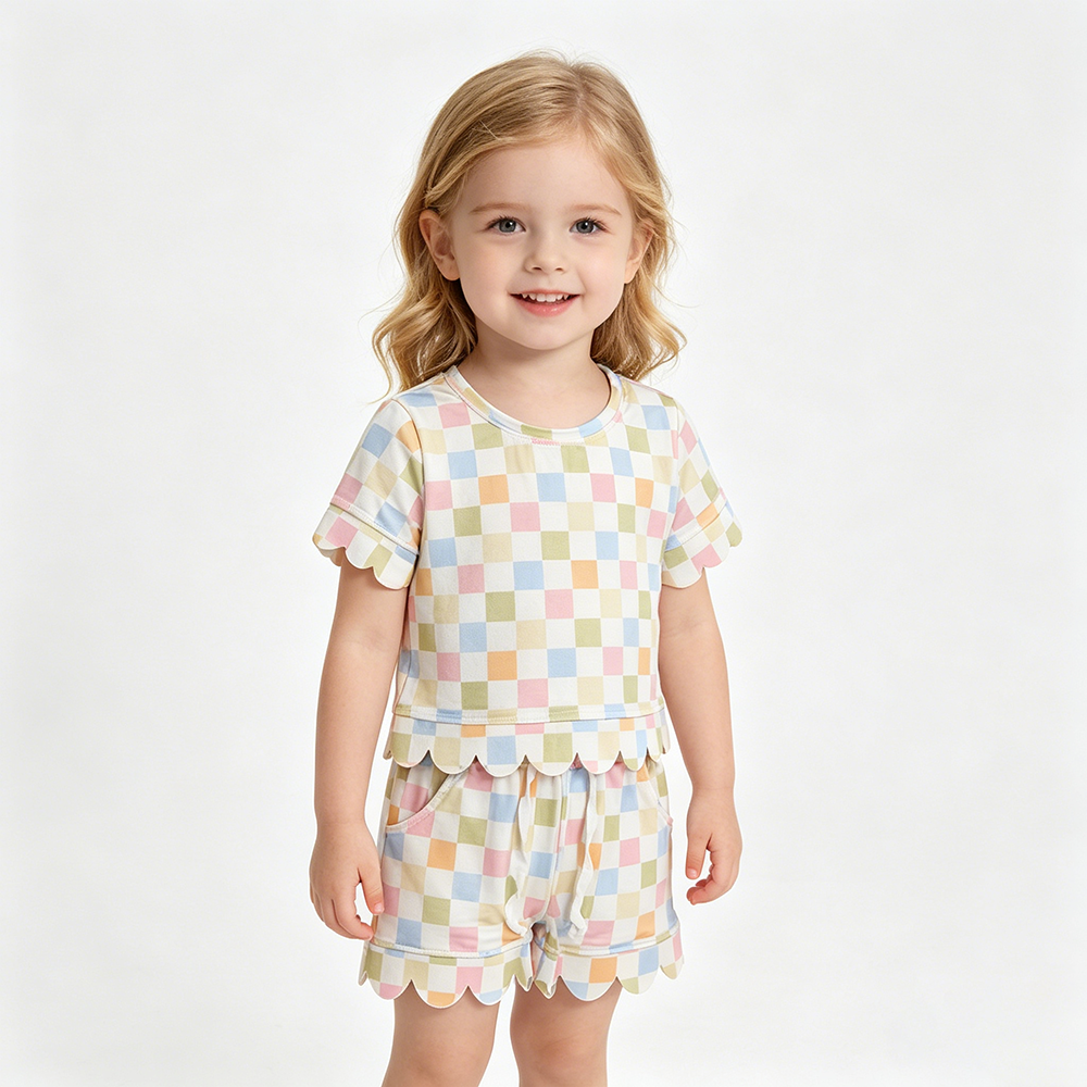 GSSO3419 Colorful Plaid Print Girls Summer Scallop Clothes Set