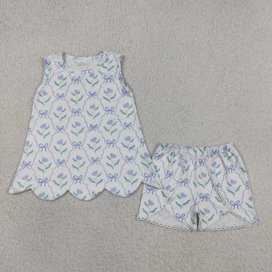 GSSO3426 Flowers Bows Scallop Sleeveless Top Shorts Girls Summer Clothes Set