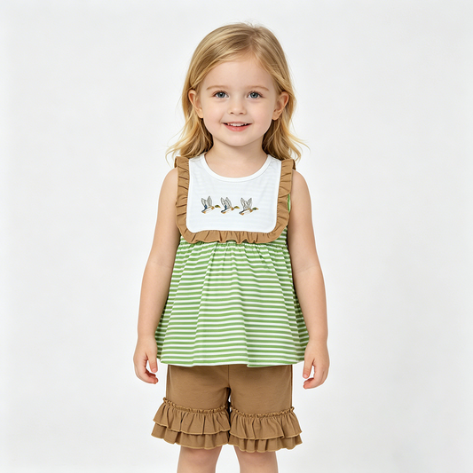 Duck Embroidery Stripes Tunic Top Brown Shorts Girls Summer Clothes Set