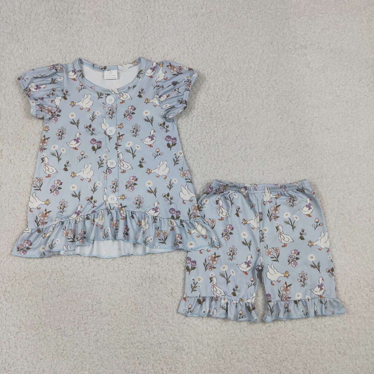 GSSO3433 Floral Goose Top Ruffle Shorts Girls Summer Clothes Set