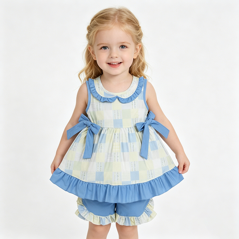 Blue Plaid Shorts Boys & Girls Summer Outfits Sibling Matching Wear