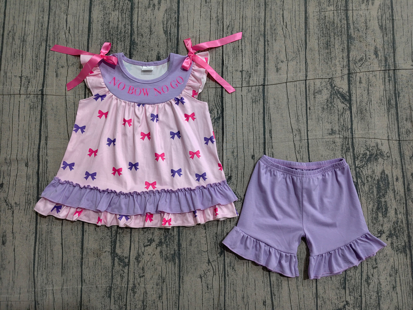 GSSO3460 NO BOW NO GO Embroidery Bows Ruffle Top Purple Shorts Girls Summer Clothes Set