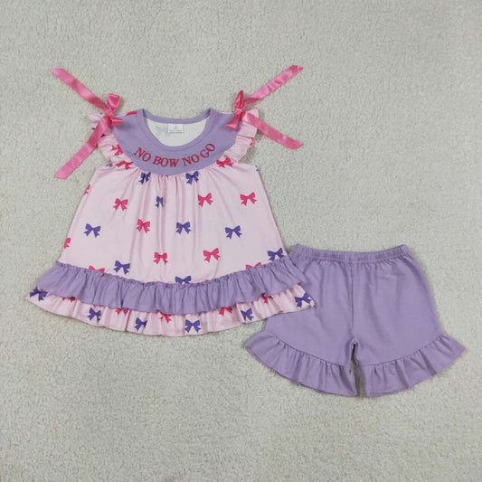 GSSO3460 NO BOW NO GO Embroidery Bows Ruffle Top Purple Shorts Girls Summer Clothes Set