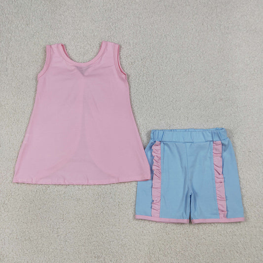 GSSO3462 Cartoon Princess Pink Cotton Bow Backless Sleeveless Top & Ruffled Shorts Set for Girls