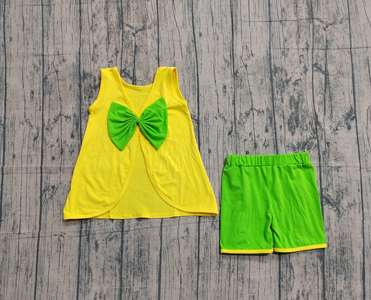 Preorder GSSO3464 Cartoon Princess Yellow Backless Top Green Ruffle Shorts Girls Summer Cotton Clothes Set
