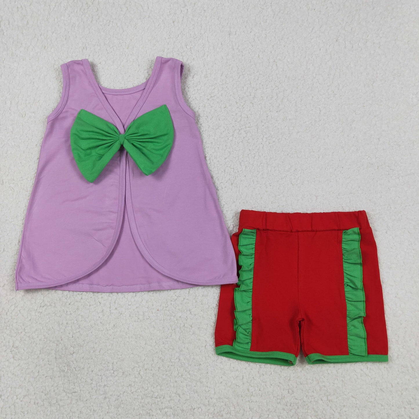 GSSO3465 Cartoon Princess Purple Backless Top Red Ruffle Shorts Girls Summer Cotton Clothes Set