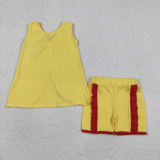 Cartoon Princess Yellow Backless Top Red Ruffle Shorts Girls Summer Cotton Clothes Set
