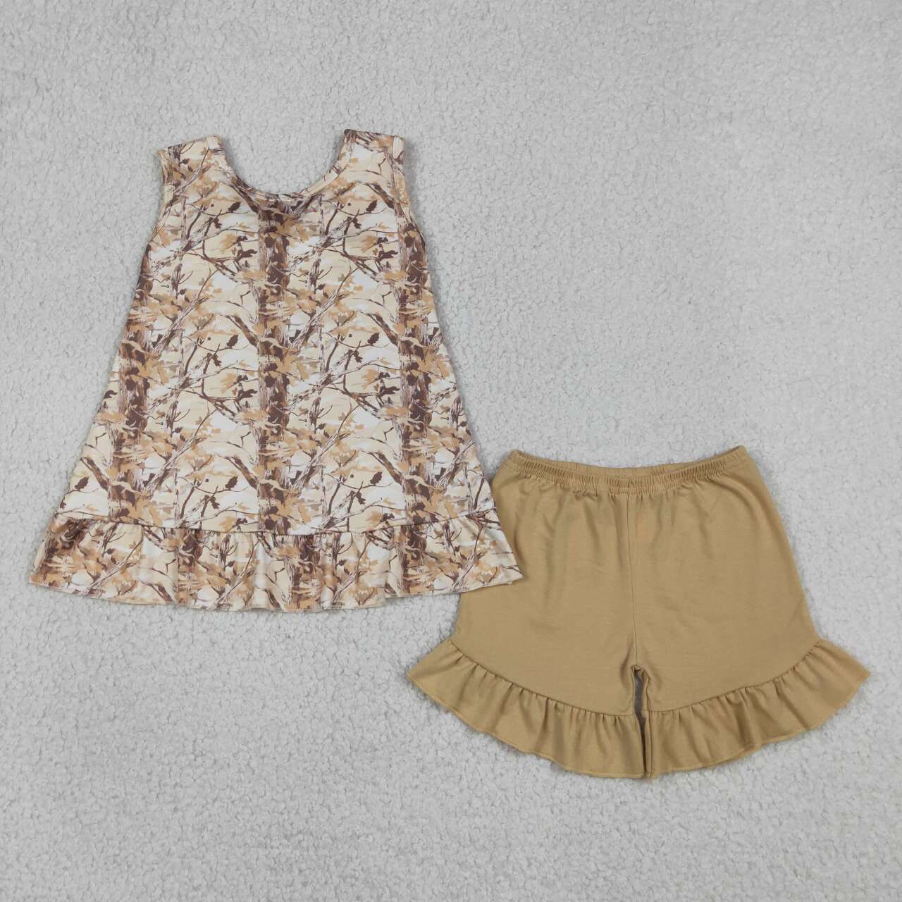 GSSO3467 Brown Branch Backless Bow Top Ruffle Shorts Girls Summer Clothes Set