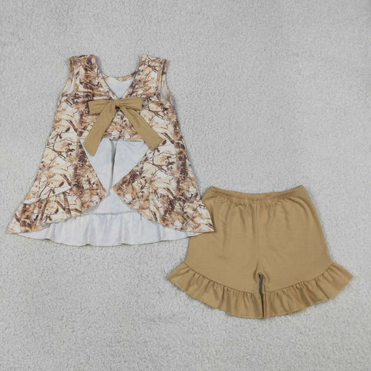 GSSO3467 Brown Branch Backless Bow Top Ruffle Shorts Girls Summer Clothes Set