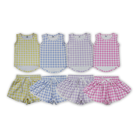 4 Colors Checked Vests Top Flutter Shorts Girls Summer Yoga Active Clothes Set Sisters Wear