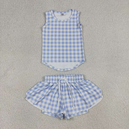 Baby Girls Blue Gingham Sleeveless Top Shors Active Outfit