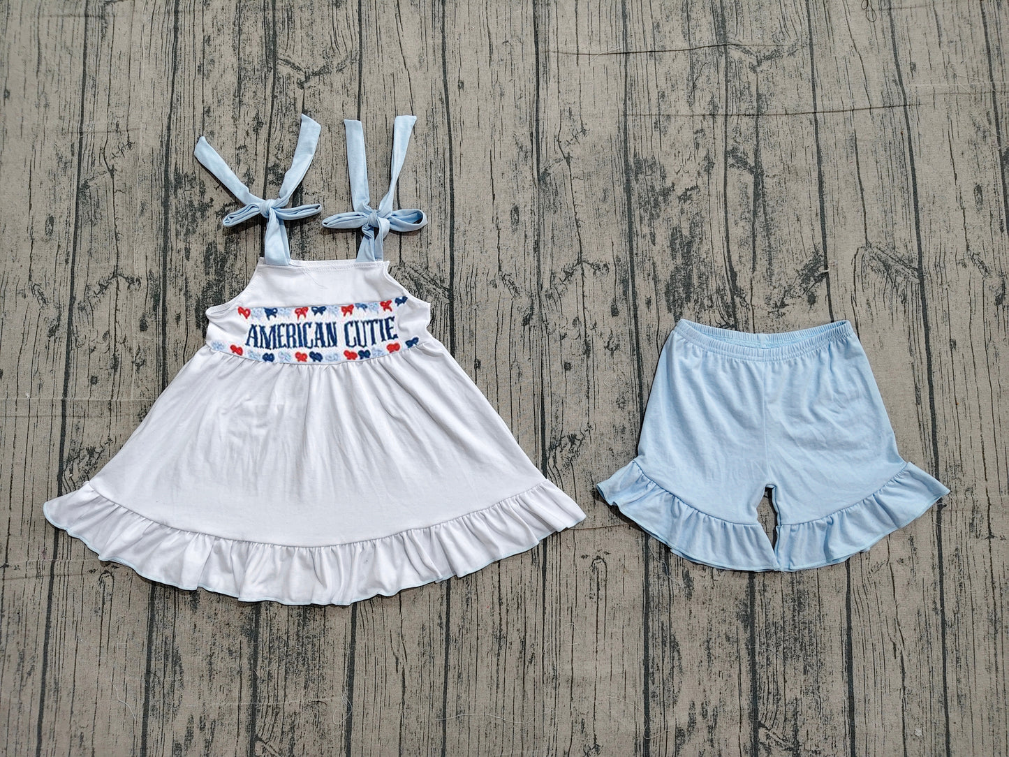 Embroidery American Cutie Strap Tunic Top with Ruffle Shorts Outfit Preorder