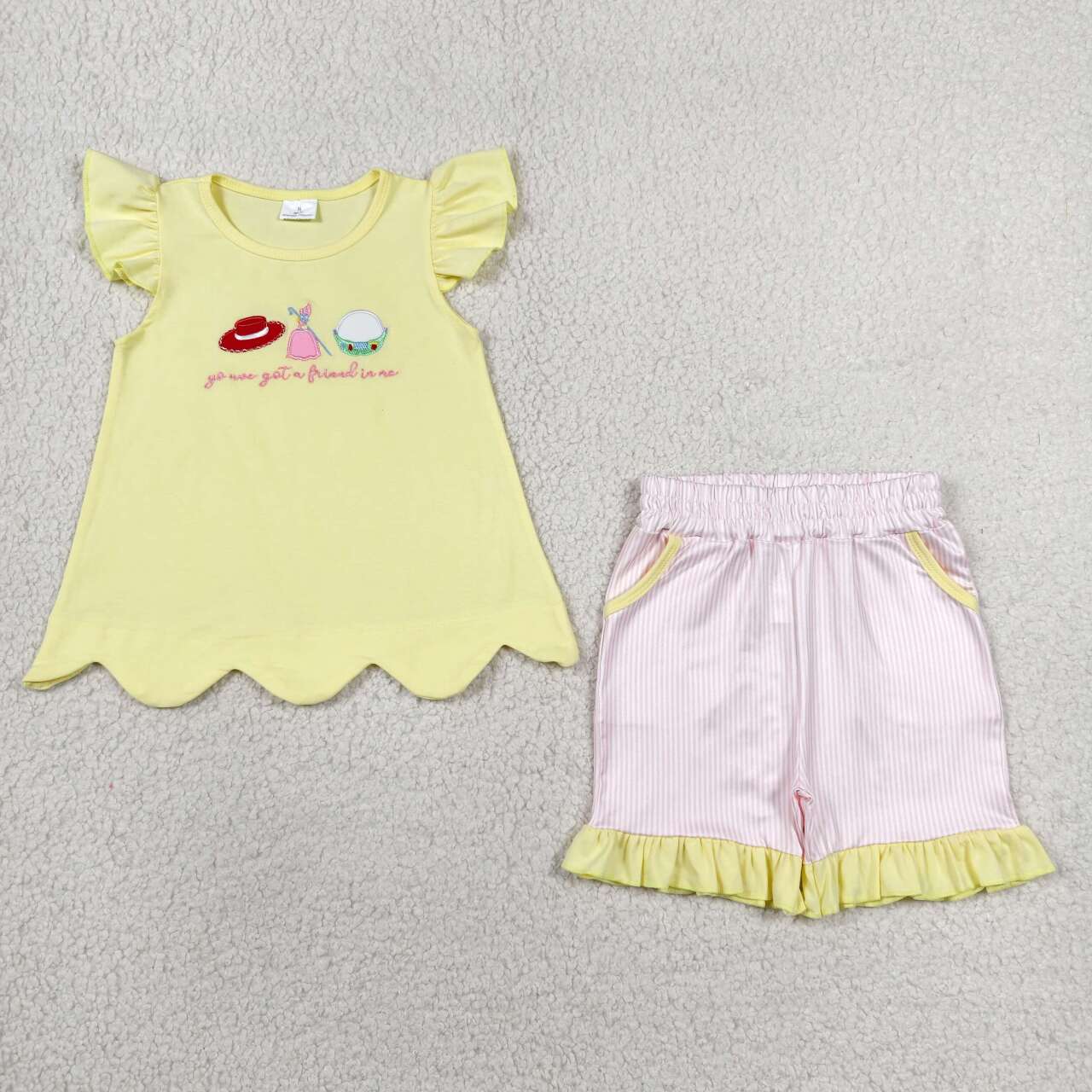 Cartoon Toy Embroidery Yellow Stripes Shorts Kids Summer Clothes Sibling Matching Wear