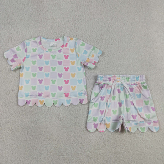 Colorful Mouse Plaid Top Pockets Shorts Girls Summer Scallop Clothes Set