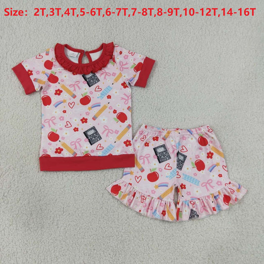GSSO3525 Apple Pen Bows Ruffle Girls Back to School Clothes Set