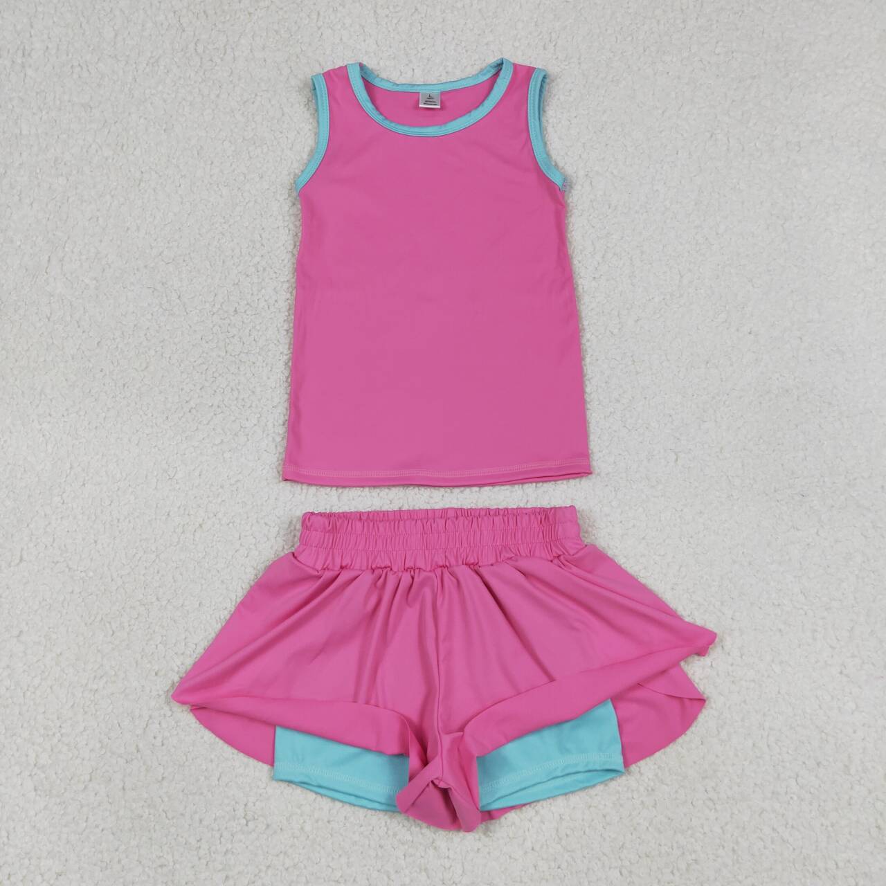 GSSO3526 Hot Pink Vest Top Flutter Shorts Girls Summer Yoga Clothes Set