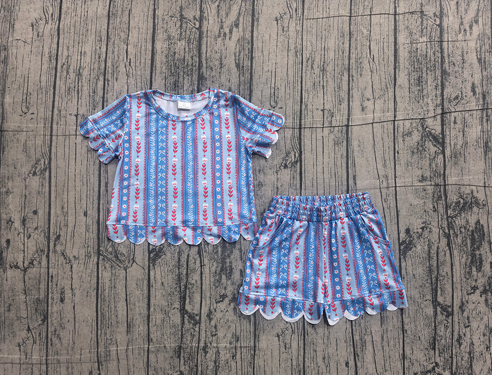 GSSO3554 Preorder Flowers Stripes Baby Girls 4th of July Scallop Clothes Set