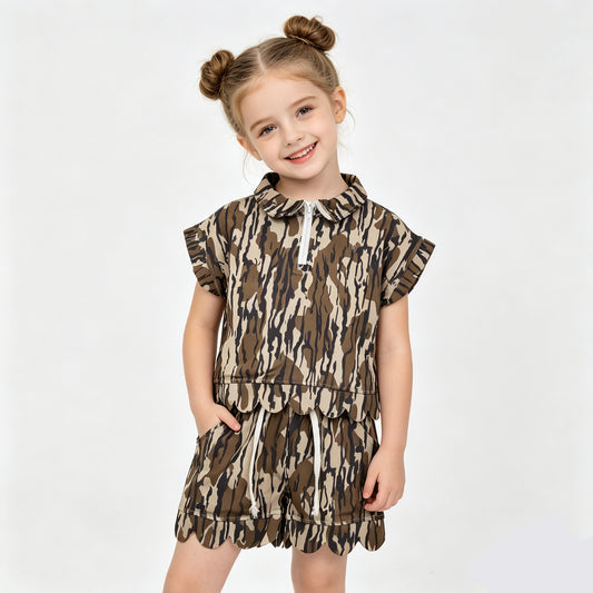 2 Colors Camo Zipper Top Pockets Shorts Girls Summer Scallop Clothes Set Sisters Wear